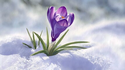 Purple crocus blooms amidst melting snow a serene early spring meadow illustration