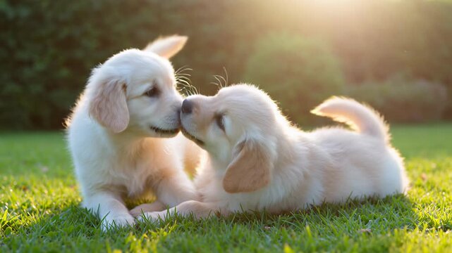 Puppies play and explore in a sunny garden during the morning hours