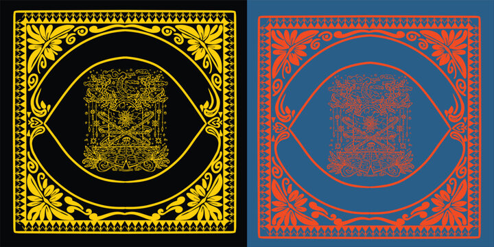 Mystical Ornamental Bandana Design with Sacred Symbols in Orange and Black