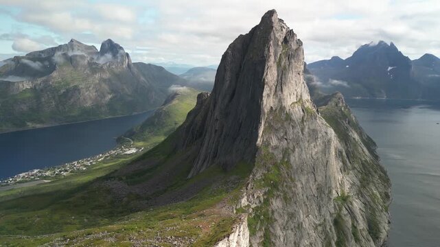 Pan aerial footage of Segla Senja peak in Northern Norway