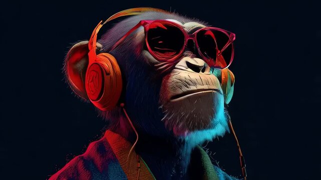 Cool Chimp DJ Listening to Music in Neon Light