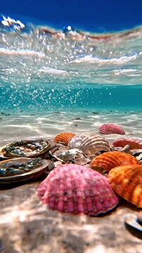 Tropical Seashells On Sandy Ocean Floor With Rising Bubbles Half Submerged