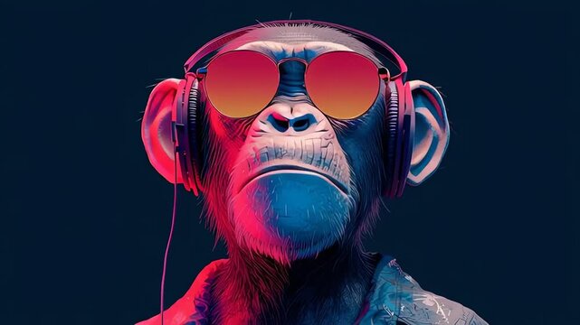 Cool Chimp DJ Wearing Headphones and Sunglasses Neon Lighting