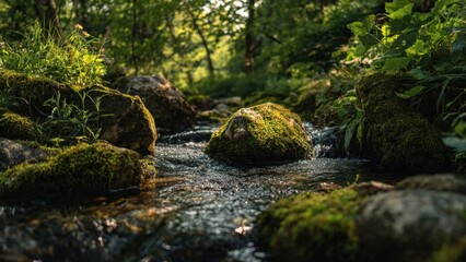 Obraz premium Moss-covered rocks in a flowing stream