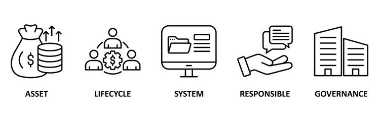 Asset management icon set vector illustration concept with icon of asset, life cycle, system, responsible and governance