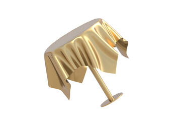 Golden bar table with cloth isolated on white background. Round one leg desk. Furniture for cafe. 3d render