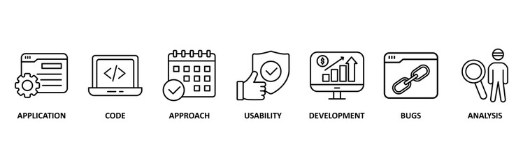 Software testing icon set illustration contain application, code, approach, usability, development, bugs and analysis.