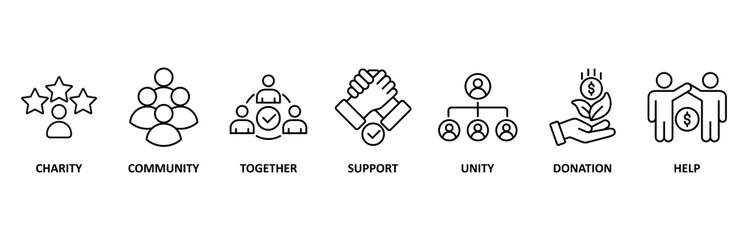 Volunteering icon set illustration contain charity, community, together, support, unity, donation and help.