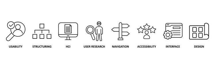 UX design icon set illustration contain usability, structuring, hcl, user research, navigation, accessibility, interface and design 