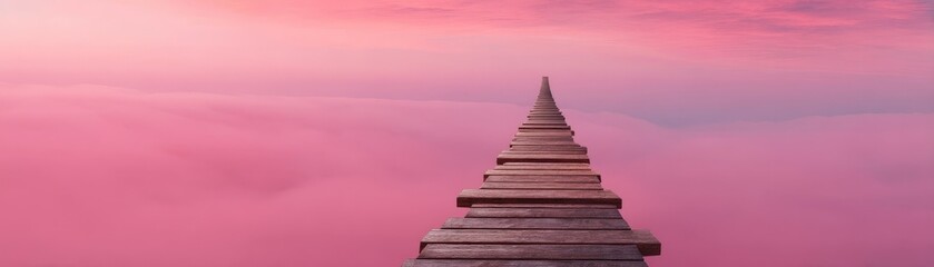 Fototapeta premium A surreal scene featuring a wooden pathway extending into a pink-hued sky, suggesting a dreamlike journey above a soft, foggy landscape.