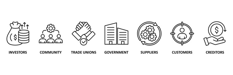 Stakeholder icon set illustration contain investors, community, trade unions, government, suppliers, customers and creditors.