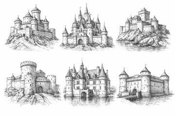 Obraz premium Medieval Castles and Fortress Architecture Illustration Set