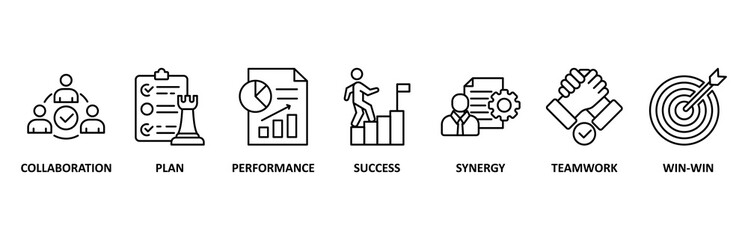 Partnership icon set illustration contain collaboration, plan, performance, success, synergy, team work and win-win.