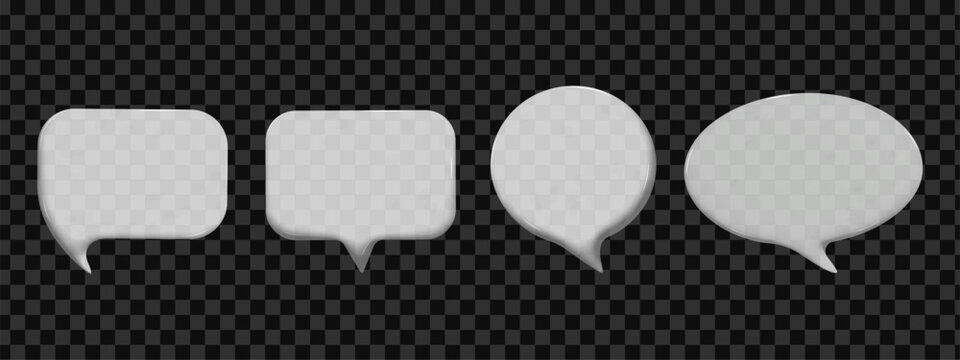 3D glass chat bubble with transparent effect for text and speech. Modern realistic communication element for app, web and digital interface design. Vector illustration.
