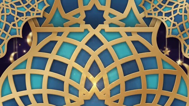 Intricate gold and blue arabesque pattern with geometric shapes.