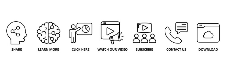 Call to action icon set illustration contain share, learn more, click here, watch our video, subscribe, contact us and download.