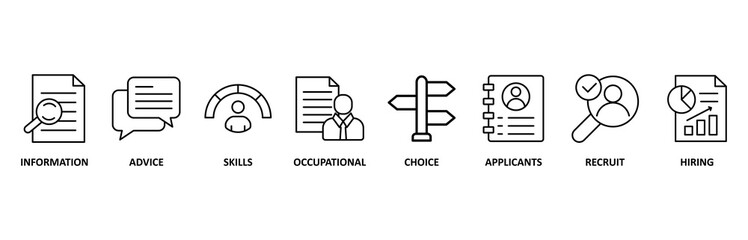 Job fair icon set vector illustration concept for employee recruitment and onboarding program with an icon of the information, advice, skills, occupational, applicants, recruit, and hiring
