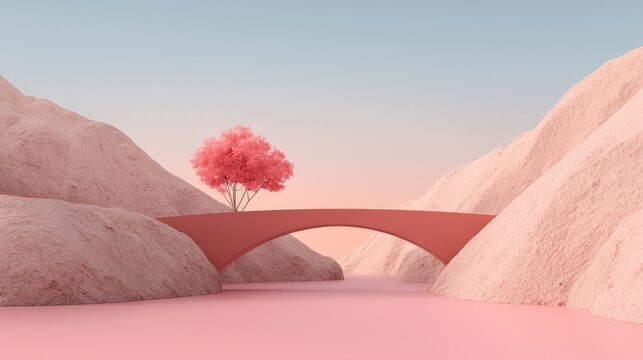 A serene landscape featuring a pink-hued bridge crossing over calm waters, with a vibrant pink tree set against softly shaped pastel mountains.