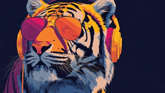 Stylish Tiger Wearing Aviator Sunglasses and Retro Headphones Vector Art