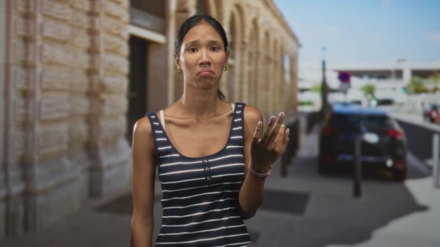 Thai woman with hand raised palm up and puzzled expression beside a historic building, striped tanktop visible; confusion uncertainty.