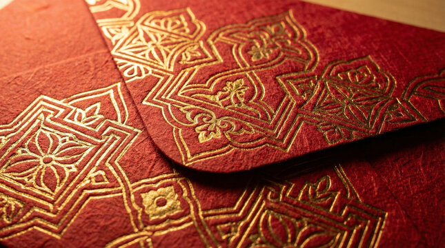 Red Envelope Corner Detail Extreme Macro Texture. Ultra close-up of embossed gold pattern on red envelope paper showing fiber texture and foil stamping craftsmanship