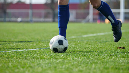 Artistic close up photography of a soccer player&rsquo;s foot and ball at midfield background