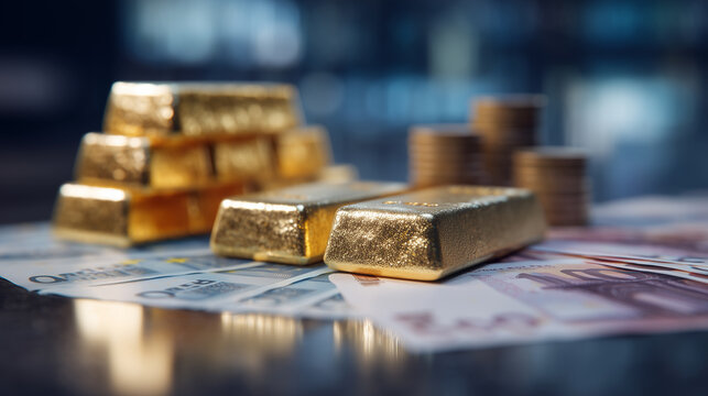 Gold bullion bars stacked on top of euro banknotes with coins in the background, representing wealth and investment in finance and precious metals, for themes about finance, investment strategies