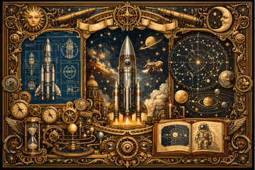 Fototapeta premium Steampunk space exploration: rocket blueprints and victorian astronomy art