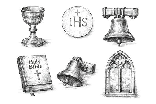 Christian Church and Holy Symbols Engraving Set