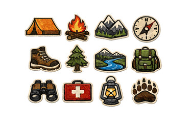 Embroidered camping patches collection featuring outdoor adventure icons