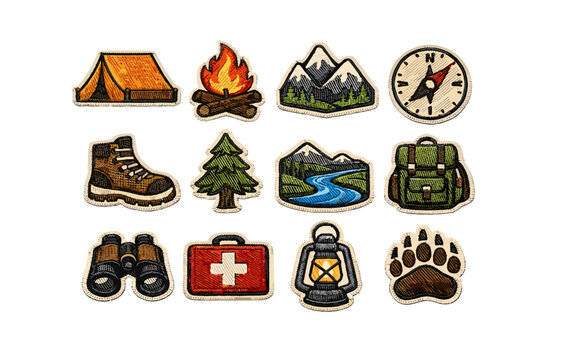Embroidered camping patches collection featuring outdoor adventure icons