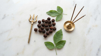 Minimalist Maha Shivaratri Flat Lay with Trident and Sacred Items. Overhead arrangement of brass trident, rudraksha beads, bilva leaves and incense on clean white marble surface, soft natural light