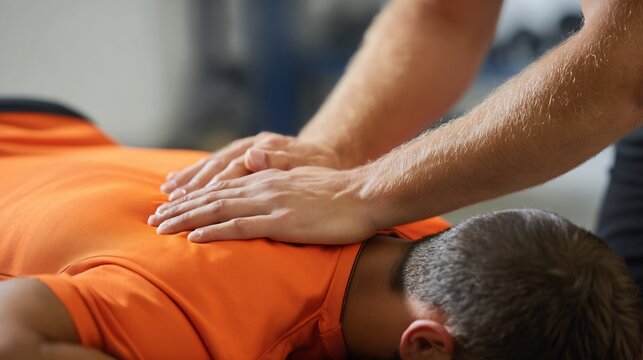 Football player receiving manual muscle release massage physiotherapist using trigger point technique rehab setup