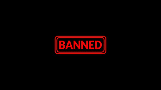 Banned stamp animation on transparent background. Red stamp Banned business imprint animation with black background denied stamp video. Stamp with the text Banned animation.