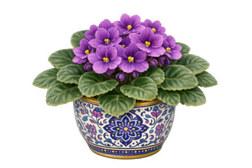 African violet flowering with vibrant purple blooms and green foliage in a beautifully decorated ceramic pot