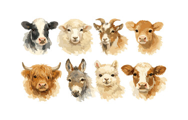Obraz premium Watercolor farm animal faces collection: cow, sheep, goat, donkey, alpaca