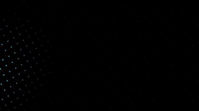 Dot pattern animation with teal squares appearing and disappearing across a dark background, representing digital data flow, abstract art