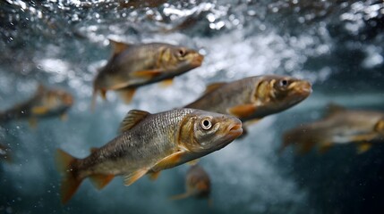 A dynamic school of small fish navigates the clear blue underwater environment with sunlight filtering through the surface