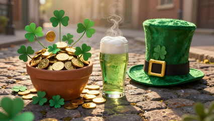 Glass of green beer next to a pot filled with gold coins and a leprechaun hat adorned with shamrocks on a cobblestone street for Saint Patrick's Day