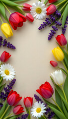 Vibrant arrangement of red, yellow, and white tulips, daisies, and lavender creating a floral frame suitable for Easter celebrations and spring-themed designs. Stories template phone background