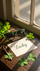 Green sunglasses are placed on a wooden table surrounded by shamrock leaves and a card that says "Lucky," with sunlight streaming through a window. Stories template phone background