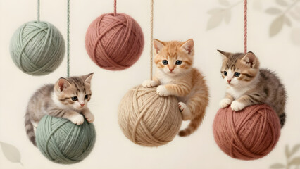 Three kittens perched on large yarn balls in soft pastel colors, with two more yarn balls suspended above them, set against a light, neutral backdrop