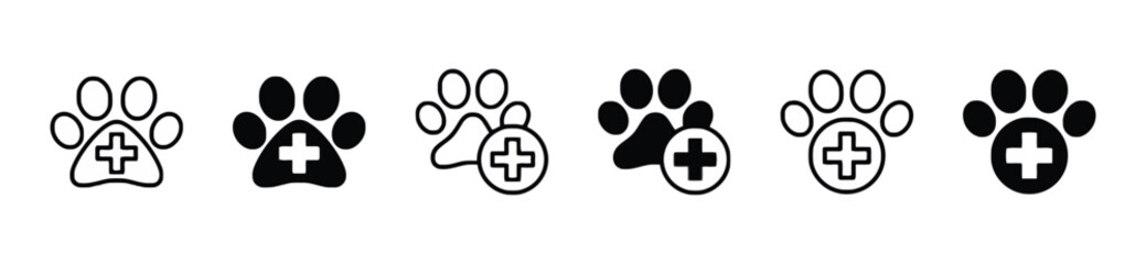 Set of paw print icons with a cross symbol, signifying veterinary services, animal care, or pet health, in various solid and outline styles. © Baizid