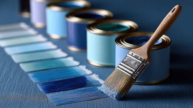 Creative Still Life Composition Featuring Blue Paint Tins and Brush