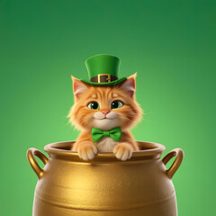 Orange feline with a green hat rests in a gold pot, set against a vibrant green backdrop, representing Saint Patrick's Day themes and decorations