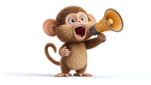 Cute furry 3D animated monkey character shouting into a megaphone announcement