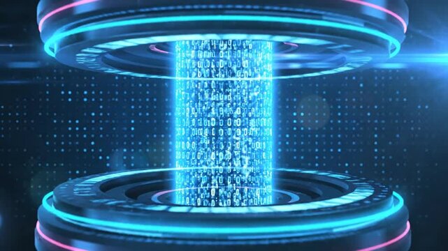 A futuristic data transfer process between two circular platforms with a bright blue digital stream in a dark, high-tech environment viewed from a straight-on perspective