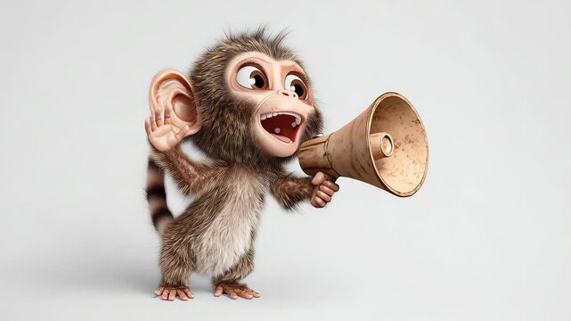 Cute 3D Monkey Character Shouting into Megaphone Announcement