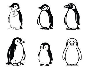 Obraz premium Monochrome penguin icon set in minimal flat style, isolated on transparent background, ideal for logos, apps, UI, infographics, and modern graphic design projects.