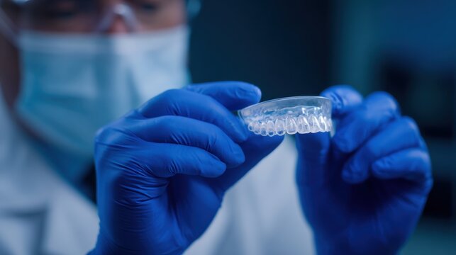 A clinician wearing a mask and blue gloves presents a clear dental tray in a sterile clinical setting focused